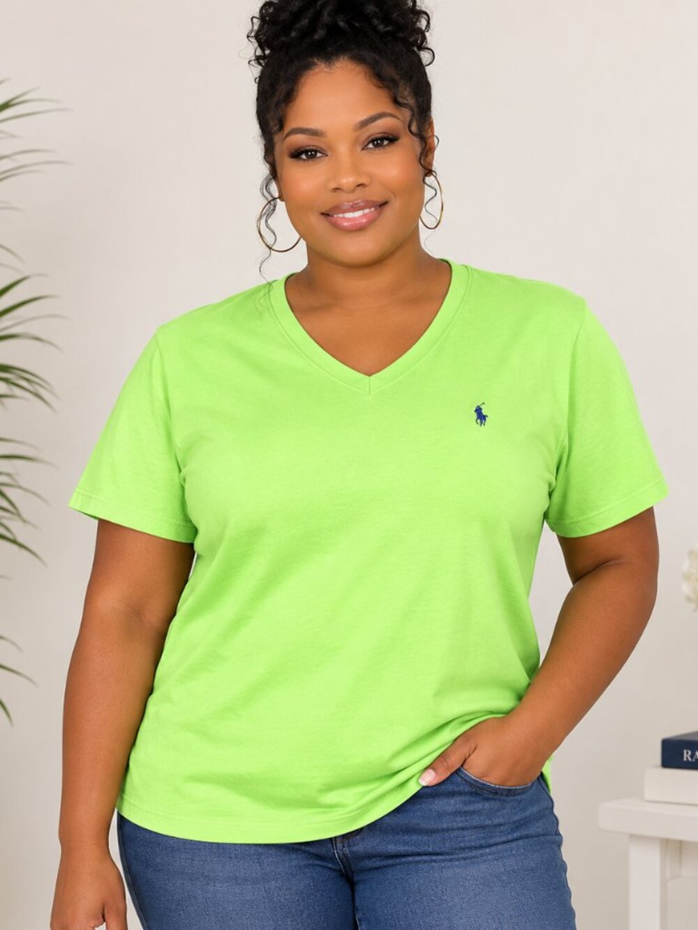 Polo Ralph Lauren Neon Lime Green V-Neck Tee Shirt Women’s XL Preppy Casual